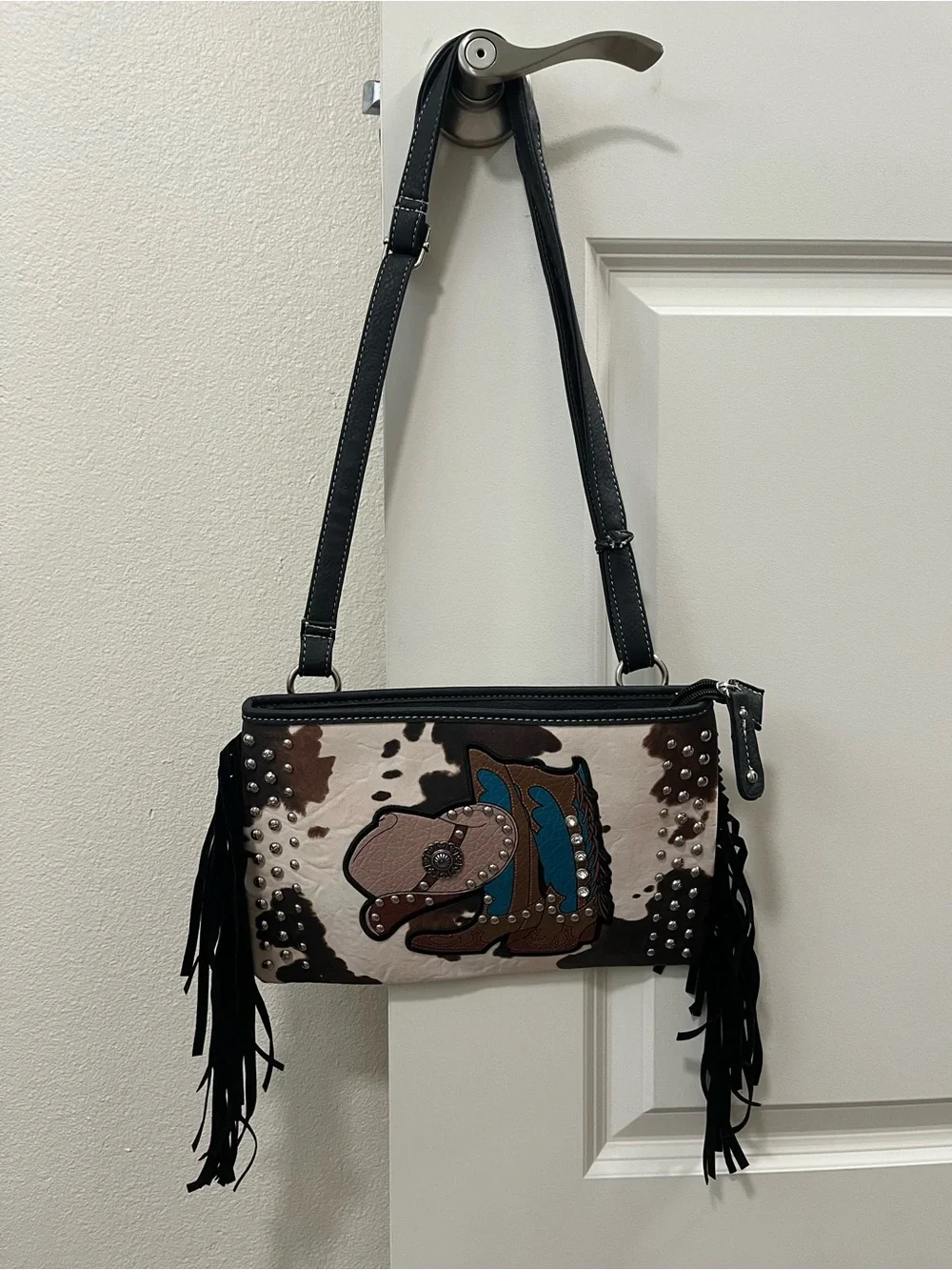 Western Cow Print Fringe Shoulder Bag | Cowboy Boot & Hat Purse | NWT